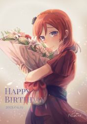 Rule 34 | 1girl, artist name, artist request, blue flower, blue ribbon, blush, bouquet, breasts, collarbone, dress, female focus, flower, front ribbon, hair between eyes, hair flower, hair ornament, highres, holding, holding bouquet, holding flower, jewelry, looking at viewer, love live!, love live! school idol festival, love live! school idol festival all stars, love live! school idol project, necklace, nishikino maki, parted lips, pearl necklace, purple eyes, red dress, red flower, red hair, red skirt, ribbon, short hair, short sleeves, skirt, smile, solo