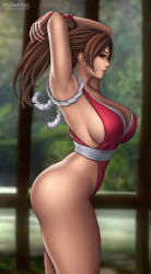 Rule 34 | 1girl, armpits, arms up, ass, breasts, brown eyes, brown hair, cleavage, closed mouth, cowboy shot, flowerxl, from side, large breasts, lips, long hair, looking at viewer, matching hair/eyes, ponytail, shiranui mai, sideboob, solo, the king of fighters