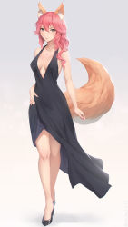 Rule 34 | 10s, 1girl, animal ear fluff, animal ears, bare legs, bare shoulders, black dress, black footwear, blush, board game, breasts, cleavage, collarbone, dress, fate/extra, fate (series), fox ears, fox tail, full body, go (board game), hair between eyes, high heels, highres, jewelry, large breasts, long hair, looking at viewer, miura-n315, nail polish, necklace, pink hair, pink nails, sideboob, simple background, sleeveless, sleeveless dress, smile, solo, standing, tail, tamamo (fate), tamamo no mae (fate/extra), yellow eyes