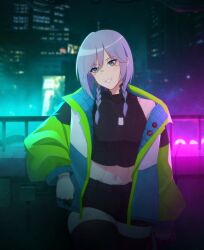 Rule 34 | 1girl, absurdres, black shirt, black shorts, black thighhighs, blue eyes, cityscape, crop top, cyberpunk (series), cyberpunk 2077, highres, izayoi sakuya, jacket, multicolored clothes, multicolored jacket, neon lights, open clothes, open jacket, purple hair, shirt, shorts, sleeveless, sleeveless shirt, smile, solo, stomach, thighhighs, touhou, umisaki, zettai ryouiki