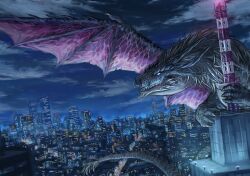 Rule 34 | absurdres, building, claws, cloud, cloudy sky, commentary request, contemporary, dragon, dragon horns, dragon tail, dragon wings, highres, horns, light, nasuno posi, night, no humans, original, scenery, sky, skyscraper, tail, western dragon, wings