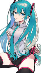 Rule 34 | 1girl, ahoge, aqua hair, aqua necktie, bare shoulders, between breasts, black footwear, black skirt, black thighhighs, blue eyes, blurry, blurry background, blush, breasts, bright pupils, closed mouth, clothes lift, fingernails, grabbing, grabbing another&#039;s breast, grabbing own breast, hair between eyes, hand on own chest, hatsune miku, highres, lifting own clothes, long hair, looking at viewer, necktie, necktie between breasts, simple background, sketch, skirt, skirt lift, solo, tearing up, thighhighs, twintails, tyazakura sayu, very long hair, vocaloid, white background, white pupils