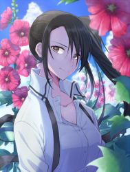 Rule 34 | 1girl, alternate costume, black hair, brown eyes, closed mouth, collarbone, collared shirt, day, flower, kantai collection, light smile, long hair, long sleeves, nachi (kancolle), pink flower, shirt, side ponytail, solo, totto (naka), upper body, white shirt