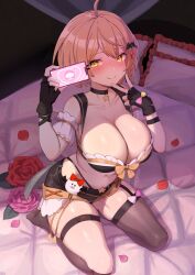 Rule 34 | 1girl, absurdres, armband, asymmetrical legwear, ayagi daifuku, bare shoulders, bat hair ornament, bed sheet, black choker, black gloves, black shorts, black socks, black thighhighs, blonde hair, blush, breasts, choker, cleavage, closed mouth, collarbone, commentary request, fang, flower, frilled armband, frilled pillow, frills, gloves, hair ornament, hairclip, hands up, heart, heart-shaped pupils, highres, holding, holding phone, hololive, hypnosis, large breasts, looking at viewer, midriff, mind control, mismatched legwear, navel, on bed, petals, phone, pillow, pink flower, pink rose, red flower, red rose, rose, seiza, short hair, short shorts, shorts, single sock, single thighhigh, sitting, skin fang, smile, socks, solo, stomach, symbol-shaped pupils, thick thighs, thigh strap, thighhighs, thighs, virtual youtuber, yellow eyes, yozora mel, yozora mel (1st costume)