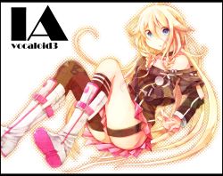 Rule 34 | 1girl, asymmetrical legwear, bad id, bad pixiv id, bare shoulders, blonde hair, blue eyes, boots, braid, character name, choker, highres, ia (vocaloid), long hair, looking at viewer, mismatched legwear, off shoulder, open mouth, shirogane (ankoromochi), single thighhigh, skirt, solo, thigh strap, thighhighs, twin braids, uneven legwear, very long hair, vocaloid