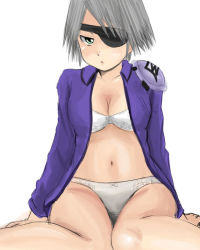 Rule 34 | 1990s (style), 1girl, bra, breasts, eyepatch, final fantasy, final fantasy viii, fuujin (ff8), green eyes, grey hair, lingerie, lips, navel, nullhachi, open clothes, panties, retro artstyle, short hair, sitting, solo, thighs, underwear, white background, white bra, white panties