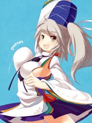 Rule 34 | 1girl, arm up, blueberry (5959), bouncing breasts, breasts, female focus, grey eyes, hat, highres, japanese clothes, kariginu, large breasts, mononobe no futo, no bra, short hair, side ponytail, sideboob, silver hair, simple background, solo, touhou, upper body