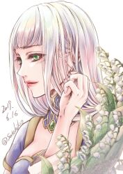 Rule 34 | 1girl, breasts, dated, green eyes, lenneth valkyrie, lips, long hair, medium breasts, plant, simple background, smile, solo, sutehiko, valkyrie profile (series), white background