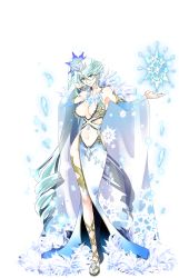 Rule 34 | 1girl, adjusting hair, aqua hair, armpits, bare shoulders, blue eyes, blue hair, breasts, cape, cleavage, crown, dress, drill hair, earrings, eliza (sennen sensou aigis), feet, full body, fur trim, highres, ice, large breasts, legs, long hair, looking at viewer, magic, matching hair/eyes, nail polish, navel, necklace, sandals, sennen sensou aigis, side ponytail, smile, snowflakes, solo, standing, thighs, toes, transparent background, white background, white dress