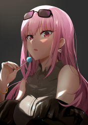 Rule 34 | 1girl, absurdres, alternate costume, ayumu (ayumu3659), black jacket, blush, bracelet, breasts, candy, collared shirt, commentary, earrings, english commentary, eyewear on head, food, grey background, grey shirt, highres, holding, holding candy, holding food, holding lollipop, hololive, hololive english, jacket, jewelry, lollipop, long hair, looking at viewer, medium breasts, mori calliope, nail polish, off shoulder, open clothes, open jacket, open mouth, pink hair, pink nails, red eyes, shirt, simple background, skull earrings, sleeveless, sleeveless shirt, solo, sunglasses, symbol-only commentary, upper body, virtual youtuber, wing collar