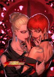 Rule 34 | &gt;:d, 2girls, :d, azuma kyoutarou (artist), back, bare shoulders, black choker, blonde hair, blue nails, breasts, check commentary, choker, commentary, commentary request, copyright name, couple, cuddling, earrings, female focus, grabbing another&#039;s chin, hair bun, half-closed eyes, hand in mouth, highres, hug, jewelry, lipstick, logo, looking at viewer, looking back, makeup, mature (kof), medium breasts, multiple girls, nail polish, naughty face, neck, necklace, off shoulder, official art, open mouth, parted lips, red eyes, red hair, red lips, red nails, short hair, smile, snk, tattoo, the king of fighters, the king of fighters xiv, upper body, vice (kof), yuri