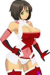 Rule 34 | 1girl, ahoge, aliasing, armor, bare shoulders, black gloves, black hair, breasts, brown hair, cleavage cutout, clothing cutout, contrapposto, cosplay, covered navel, cowboy shot, elbow gloves, gauntlets, gloves, green eyes, hand on own hip, honchan, impossible clothes, impossible leotard, large breasts, leotard, looking at viewer, lowres, nchallenge, nchans, no bra, pixel art, power armor, red gloves, see-through, senki zesshou symphogear, short hair, simple background, solo, standing, thighhighs, warner, white background, yukine chris, yukine chris (cosplay)