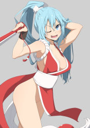 Rule 34 | 1girl, alternate hairstyle, aqua (konosuba), bare shoulders, blue eyes, blue hair, blush, breasts, cleavage, collarbone, commentary request, cosplay, fatal fury, gloves, grey background, hair between eyes, hair ornament, hand in own hair, japanese clothes, kono subarashii sekai ni shukufuku wo!, large breasts, long hair, looking at viewer, lower teeth only, no bra, no panties, one eye closed, open mouth, pelvic curtain, ponytail, revealing clothes, salpin, shiranui mai, shiranui mai (cosplay), simple background, smile, solo, teeth, the king of fighters, very long hair
