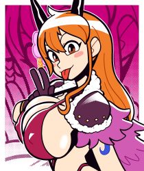 Rule 34 | 1girl, breasts, brown eyes, clothes, female focus, gloves, highres, huge breasts, long hair, looking at viewer, nami (one piece), one piece, orange hair, ponytail, shamefuldisplay, smile, solo, tongue, tongue out, v
