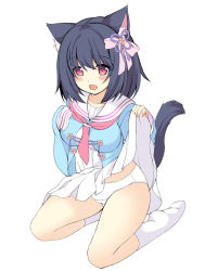 Rule 34 | 1girl, animal ear fluff, animal ears, black hair, blue shirt, blush, bow, cat ears, cat girl, cat tail, clothes lift, commentary request, copyright request, dress, dress lift, full body, hair between eyes, hair bow, hand up, highres, lifted by self, long hair, long sleeves, looking at viewer, no shoes, open mouth, pink bow, pink neckwear, pleated dress, red eyes, sailor collar, sakuraba hikaru (loveindog), shirt, simple background, sleeves past fingers, sleeves past wrists, socks, solo, tail, tail raised, white background, white dress, white sailor collar, white socks