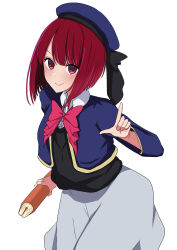 Rule 34 | 1girl, absurdres, arima kana, blue headwear, blue jacket, book, closed mouth, grey skirt, happy, hat, hat ribbon, highres, holding, holding book, jacket, open mouth, oshi no ko, pink ribbon, red eyes, red hair, ribbon, school uniform, short hair, skirt, smile, sungose, youtou high school uniform