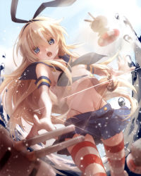 Rule 34 | 10s, 1girl, anchor hair ornament, blonde hair, blue eyes, blue skirt, crop top, crop top overhang, dutch angle, elbow gloves, gloves, hair ornament, hairband, kantai collection, lifebuoy, long hair, looking at viewer, midriff, navel, open mouth, pointing, rensouhou-chan, shimakaze (kancolle), shu me (sasukekuro), shuume, skirt, striped clothes, striped thighhighs, swim ring, thighhighs, white gloves
