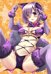 Rule 34 | 1girl, animal ears, black panties, blush, bow, breasts, claws, elbow gloves, eyes visible through hair, fate/grand order, fate (series), fur-trimmed gloves, fur-trimmed legwear, fur collar, fur trim, gloves, hair over one eye, halloween costume, highres, lace, lace-trimmed legwear, lace trim, large breasts, looking at viewer, lying, mash kyrielight, mash kyrielight (dangerous beast), momijiko, navel, o-ring, o-ring top, official alternate costume, on back, open mouth, panties, purple eyes, purple gloves, purple hair, purple thighhighs, revealing clothes, short hair, solo, spread legs, tail, thighhighs, underwear, wolf ears, wolf tail