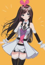 Rule 34 | 1girl, aged up, bare shoulders, black thighhighs, blue eyes, blush, bow, brown hair, closed mouth, collared vest, commentary, detached sleeves, hair bow, hairband, head tilt, highres, kizuna ai, kizuna ai (elegant), kizuna ai inc., long hair, long sleeves, looking at viewer, multicolored hair, notice lines, orange background, p2 (uxjzz), pink bow, pink vest, short shorts, shorts, simple background, smile, solo, standing, streaked hair, thighhighs, vest, virtual youtuber, wing collar