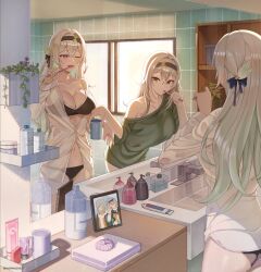 2girls absurdres ass bathroom black_bra black_panties blush bottle bra breasts brushing_teeth cleavage colored_tips commentary cup english_commentary faucet firefly_(honkai:_star_rail) flower green_shirt grey_hair hair_flower hair_intakes hair_ornament hairband highres holding holding_cup honkai:_star_rail honkai_(series) large_breasts leaning_forward long_hair multicolored_hair multiple_girls nannachu7 navel one_eye_closed panties plant purple_eyes reflection see-through_clothes see-through_shirt shirt single_bare_shoulder sink soap_bottle standing stelle_(honkai:_star_rail) tile_wall tiles toothbrush toothpaste trailblazer_(honkai:_star_rail) underwear white_shirt window yellow_eyes