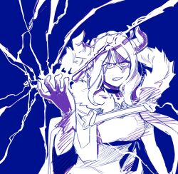 Rule 34 | 1girl, blue background, blue theme, breasts, cape, clenched teeth, commentary request, electricity, fur-trimmed cape, fur trim, genjitsu no yohane, gloves, hand up, horns, korean commentary, large breasts, long hair, looking at viewer, love live!, love live! sunshine!!, magic, monochrome, ohara mari, pito (sh02327), solo, teeth, upper body, v-shaped eyebrows