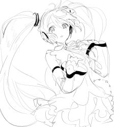 Rule 34 | 1girl, bare shoulders, commentary, detached sleeves, greyscale, hair ornament, hands on own chest, hatsune miku, hatsune miku (nt), headphones, long hair, looking at viewer, miniskirt, monochrome, neck ribbon, parted lips, piapro, pleated skirt, rella, ribbon, shirt, sketch, skirt, sleeveless, sleeveless shirt, solo, twintails, very long hair, vocaloid, white background