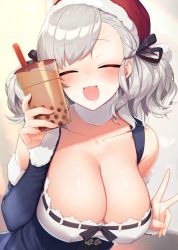 Rule 34 | 1girl, :d, alternate costume, bare shoulders, blush, breasts, bubble tea, cleavage, closed eyes, collarbone, cup, detached sleeves, disposable cup, drinking straw, girls&#039; frontline, hair ribbon, hat, highres, holding, holding cup, kinsenka momi, large breasts, long hair, looking at viewer, open mouth, ribbon, santa hat, silver hair, smile, solo, spas-12 (girls&#039; frontline), twintails, v