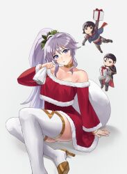 Rule 34 | 1boy, 2girls, absurdres, alternate costume, bare shoulders, black hair, boots, breasts, chibi, choker, christmas, cleavage, commentary request, commission, commissioner upload, dress, fire emblem, fire emblem: genealogy of the holy war, fire emblem: thracia 776, grey background, grey hair, head tilt, high heels, highres, ishtar (fire emblem), long hair, long sleeves, looking at viewer, medium breasts, multiple girls, nintendo, non-web source, off-shoulder dress, off shoulder, olwen (fire emblem), pearlbbbb, purple eyes, red dress, reinhardt (fire emblem), side ponytail, sitting, skeb commission, smile, thigh boots, thighhighs, very long hair, white footwear, white thighhighs