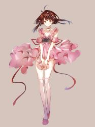 Rule 34 | 1girl, brown eyes, brown hair, choker, closed mouth, dress, full body, hair bobbles, hair ornament, highres, looking at viewer, pink dress, reala (tales), red choker, short hair, simple background, smile, solo, tales of (series), tales of destiny 2, thighhighs, yononaka