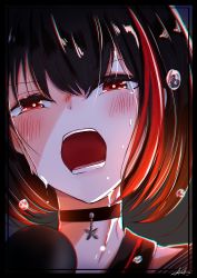 Rule 34 | 10s, 1girl, absurdres, ash (shikkoku no tsubasa), bad id, bad pixiv id, bang dream!, black border, black choker, black hair, border, choker, close-up, commentary request, grey background, highres, microphone, mitake ran, multicolored hair, open mouth, portrait, red eyes, red hair, solo, streaked hair, sweat, tears, teeth, upper body