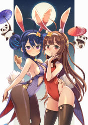 Rule 34 | 2girls, ahoge, animal ears, arched back, azur lane, bare shoulders, blush, breasts, brown hair, brown legwear, china dress, chinese clothes, cleavage, cleavage cutout, closed mouth, clothing cutout, collarbone, commentary request, covered navel, cowboy shot, dress, eating, fake animal ears, food, food in mouth, food on face, full moon, gradient background, hair between eyes, hair rings, hairband, hairpods, halterneck, highleg, highleg leotard, highres, hip focus, leaning forward, leotard, long hair, looking at viewer, medium breasts, moon, multiple girls, night, night sky, ning hai (azur lane), ning hai (moon palace rabbit) (azur lane), nose blush, oil-paper umbrella, outline, panda, pantyhose, ping hai (azur lane), ping hai (osmanthus moon rabbit) (azur lane), playboy bunny, purple dress, purple eyes, purple leotard, rabbit ears, rabbit tail, red dress, red eyes, red leotard, sideboob, sky, small breasts, star (sky), starry sky, tail, thighhighs, thighs, turtleneck, twintails, umbrella, white hairband, wrist cuffs, yuko (uc yuk)