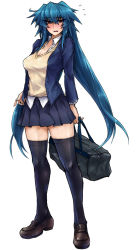 Rule 34 | 1girl, bag, blue hair, blush, long hair, school uniform, sharp teeh, simple background, skj, white background