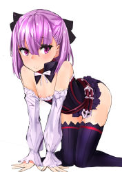 Rule 34 | 1girl, all fours, areola slip, bare shoulders, belt, blush, breasts, closed mouth, corset, detached sleeves, fate/grand order, fate (series), flat chest, hair between eyes, hat, helena blavatsky (fate), highres, knees together feet apart, looking at viewer, muoto, purple eyes, purple hair, purple thighhighs, ribbed legwear, short hair, simple background, small breasts, smile, solo, strapless, thighhighs, white background