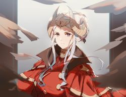 Rule 34 | 1girl, armor, blonde hair, blue eyes, blush, breasts, cape, crown, edelgard von hresvelg, fire emblem, fire emblem: three houses, gloves, hair ornament, horns, jewelry, long hair, looking at viewer, lucidsky, nintendo, pantyhose, red cape, simple background, solo