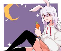 Rule 34 | 1girl, alternate costume, animal ears, black thighhighs, border, carrot, chewing, closed mouth, crescent moon, eating, feet out of frame, food, from side, hair between eyes, holding, holding carrot, holding food, holding vegetable, hood, hood down, hoodie, long hair, long sleeves, looking at viewer, mindoll, miniskirt, moon, one-hour drawing challenge, pink skirt, purple background, purple hair, rabbit ears, red eyes, reisen udongein inaba, skirt, solo, thighhighs, touhou, vegetable, white border, white hoodie