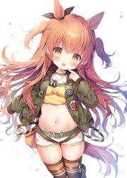 Rule 34 | 1girl, :d, animal ears, black ribbon, blush, bow, breasts, brown hair, brown thighhighs, crop top, dog tags, ear ribbon, finger to mouth, fur-trimmed jacket, fur trim, green jacket, highres, horse ears, horse girl, horse tail, jacket, long hair, long sleeves, looking at viewer, mayano top gun (umamusume), momozu komamochi, navel, open mouth, ribbon, shirt, short shorts, shorts, signature, small breasts, smile, solo, standing, standing on one leg, stomach, tail, thighhighs, thighs, two side up, umamusume, very long hair, white background, white shorts, yellow eyes, yellow shirt