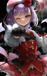 Rule 34 | 1girl, blush, breasts, fate/grand order, fate (series), faton, gloves, grin, helena blavatsky (fate), helena blavatsky (that&#039;s so mahatma☆) (fate), highres, long sleeves, looking at viewer, lostroom outfit (fate), one eye closed, purple eyes, purple hair, short hair, small breasts, smile, solo