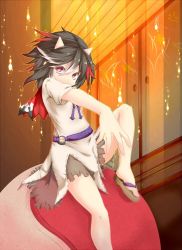 Rule 34 | 1girl, bare legs, black hair, dress, foreshortening, highres, horns, impossible spell card, kijin seija, killing, multicolored hair, orb, red eyes, sandals, short hair, short sleeves, sitting, sitting on object, touhou, yin yang