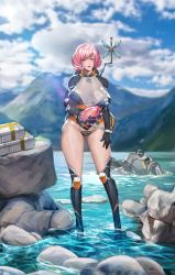 Rule 34 | 1girl, absurdres, antennae, baby, blue sky, box, breasts, cloud, death stranding, highres, jumpsuit, lake, large breasts, leotard, mountain, mountainous horizon, parted lips, partially submerged, pink eyes, pink hair, rock, see-through, short hair, sky, solo, thighs, wading, water, weiyou xie, wet