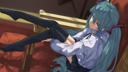 Rule 34 | 1girl, aqua eyes, aqua hair, commentary, from above, hair ornament, hands on own legs, hatsune miku, highres, lab2linch, long hair, looking at viewer, neck ribbon, ottoman, ribbon, shirt, sideways glance, sitting, solo, thighhighs, throne, twintails, very long hair, vocaloid, white shirt, zettai ryouiki