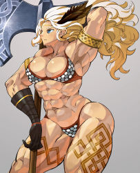 Rule 34 | 1girl, 27 degrees, abs, amazon (dragon&#039;s crown), amazon warrior, armlet, armor, armpits, axe, bikini armor, blonde hair, breasts, circlet, dragon&#039;s crown, feather hair ornament, feathers, gloves, hair ornament, highres, large breasts, long hair, muscular, muscular female, solo, swimsuit, tattoo, thick thighs, thighs, weapon