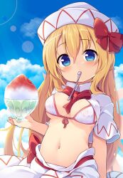 Rule 34 | 1girl, baku-p, bikini, blonde hair, blue eyes, blush, breasts, capelet, fairy, fairy wings, food, hair between eyes, hat, highres, holding, lily white, long hair, looking at viewer, medium breasts, mouth hold, navel, shaved ice, solo, spoon, swimsuit, touhou, white bikini, white capelet, white hat, wings