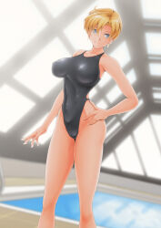 Rule 34 | 1girl, absurdres, bishoujo senshi sailor moon, black one-piece swimsuit, blonde hair, blue eyes, breasts, competition swimsuit, covered navel, hand on own hip, highleg, highleg swimsuit, highres, indoors, large breasts, looking at viewer, nanashi noiji, one-piece swimsuit, parted bangs, pool, rei no pool, short hair, solo, swimsuit, ten&#039;ou haruka, very short hair