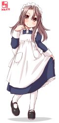 Rule 34 | 1girl, alternate costume, alternate hairstyle, apron, artist logo, black footwear, blue dress, brown eyes, brown hair, clothes lift, commentary request, dated, dress, dress lift, enmaided, forehead, frilled apron, frills, full body, hair down, highres, kanon (kurogane knights), kantai collection, long hair, looking at viewer, maid, maid headdress, mary janes, pantyhose, shoes, simple background, smile, solo, standing, white apron, white background, white pantyhose, zuihou (kancolle)