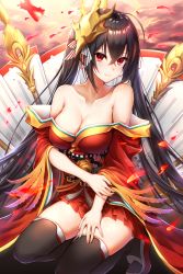 Rule 34 | 1girl, absurdres, ahoge, aircraft, airplane, azur lane, bare shoulders, black hair, black thighhighs, blush, breasts, cleavage, closed mouth, collarbone, crossed bangs, feathers, fire, hair between eyes, hair ribbon, hand on own arm, hand on own thigh, highres, japanese clothes, kimono, kneeling, large breasts, long hair, looking at viewer, mask, mask on head, obi, off shoulder, petals, red eyes, red kimono, red ribbon, ribbon, rigging, rudder footwear, sash, sidelocks, skindentation, smile, solo, striped ribbon, taihou (azur lane), thighhighs, thighs, toki (toki ship8), twintails, very long hair, wide sleeves