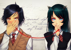 Rule 34 | &gt;:), 1boy, 1girl, black hair, blue eyes, blush, breasts, closed mouth, collared shirt, covering own mouth, demon horns, embarrassed, english text, green hair, highres, horns, long hair, long sleeves, looking at viewer, medium breasts, neck ribbon, necktie, nose blush, orange eyes, original, rakkou, red necktie, red ribbon, ribbon, school uniform, shirt, short hair, string, string of fate, striped necktie, striped neckwear, striped ribbon, sweater vest, swept bangs, treble clef, upper body, v-shaped eyebrows, white shirt, wing collar