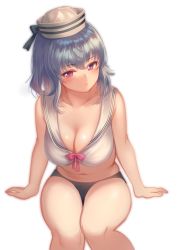 Rule 34 | 1girl, arms at sides, bare legs, bare shoulders, bikini, bikini bottom only, black bikini, black bow, blue hair, blush, bow, bowtie, breasts, closed mouth, crop top, hat, hat bow, head tilt, large breasts, leaning forward, legs together, looking at viewer, navel, nishizawa, original, pink bow, pink bowtie, pink eyes, sailor, sailor bikini, sailor collar, shirt, short hair, simple background, sitting, sleeveless, sleeveless shirt, solo, stomach, swimsuit, white background, white hat, white shirt