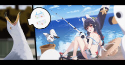 Rule 34 | 1girl, absurdres, bird, black hair, blue archive, braid, bucket, crocs, day, fishing, fishing rod, frown, hat, highres, holding, holding fishing rod, knees up, miyu (blue archive), miyu (swimsuit) (blue archive), ocean, open mouth, outdoors, red eyes, seagull, shoulder blades, sidelocks, sitting, solo, straw hat, swimsuit, twin braids, xintianou