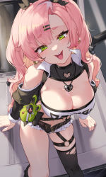 Rule 34 | 1girl, :d, bare shoulders, black ribbon, black shorts, black thighhighs, blush, breasts, cleavage, crop top, earrings, from above, green eyes, hair ornament, hair ribbon, hairclip, highres, jewelry, kokko (kokko3045), large breasts, long hair, long sleeves, looking at viewer, micro shorts, mole, mole under eye, nicole demara, non-web source, open mouth, pink hair, ribbon, short eyebrows, shorts, single thighhigh, smile, solo, thick eyebrows, thigh strap, thighhighs, torn clothes, torn thighhighs, very long hair, zenless zone zero