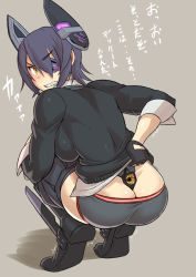 Rule 34 | 10s, 1girl, ass, bad id, bad pixiv id, black footwear, boots, butt crack, clenched teeth, clothes lift, clothes pull, eyepatch, fang, fingerless gloves, from behind, full body, gloves, kantai collection, looking back, mikoyan, panties, shirt lift, short hair, simple background, skirt, skirt pull, solo, squatting, teeth, tenryuu (kancolle), tiptoes, translation request, underwear, yellow eyes